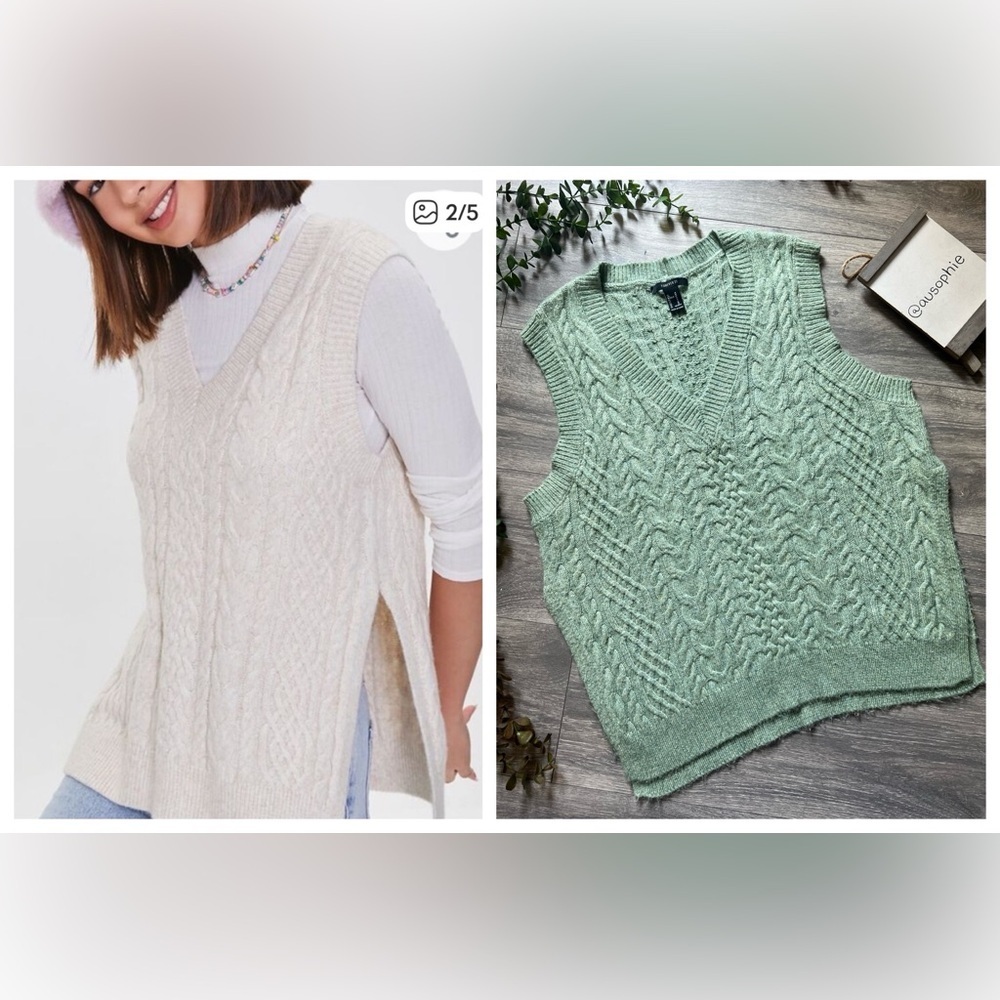 Forever 21 Seafoam Sage Green Cable Knit Sleeveless Sweater Vest w Side Vent. M